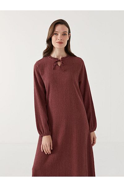 LC Waikiki LCW Grace Rosa Damenkleid mit gebundenem Ausschnitt und Struktur