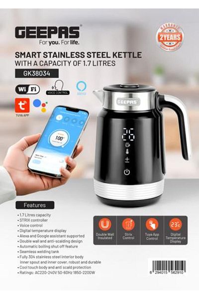Geepas 1.7 L Smart Stainless Steel Kettle- Convenient Tuya App Control, Alexa, Google Assistantl/ 2200 W