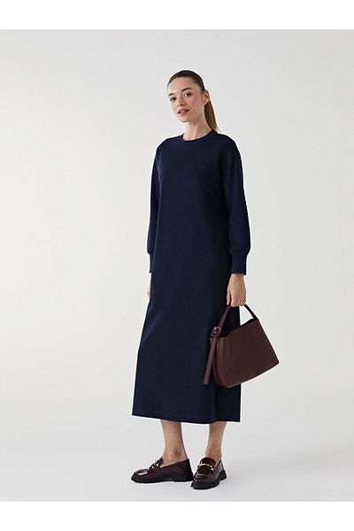 LC Waikiki Γυναικείο φόρεμα LCW Modest Navy Blue Crew Neck