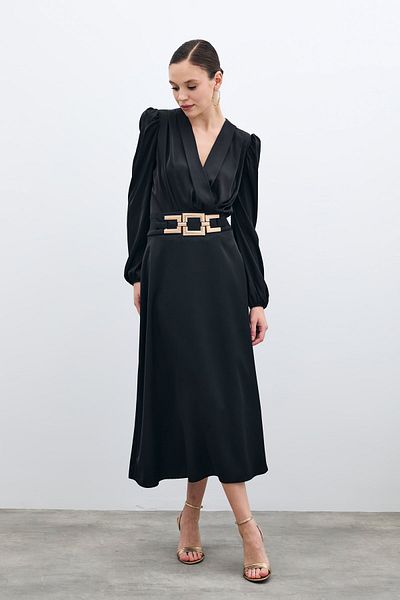 Sateen Satin Crepe Skirt - Waist Accessory, Black