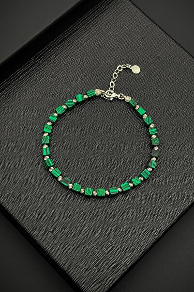 FRNCH 925 Ayar Gümüş ve Malahit Doğal Taşlı Yeşil Renk Erkek Bileklik FRJ1184...