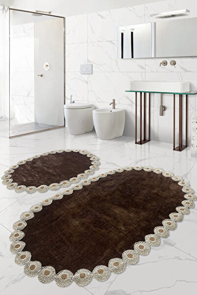Teksev Gülruba Oval Kahve Çeyizlik Dantelli 2'li Banyo Paspası Seti Kaymaz Ta...