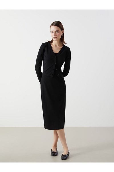 LC Waikiki Γυναικείο φόρεμα και ζακέτα LCW Comfort Black Crew Neck