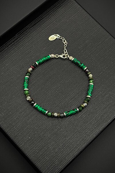 FRNCH 925 Ayar Gümüş ve Malahit Doğal Taşlı Yeşil Renk Erkek Bileklik FRJ1236...