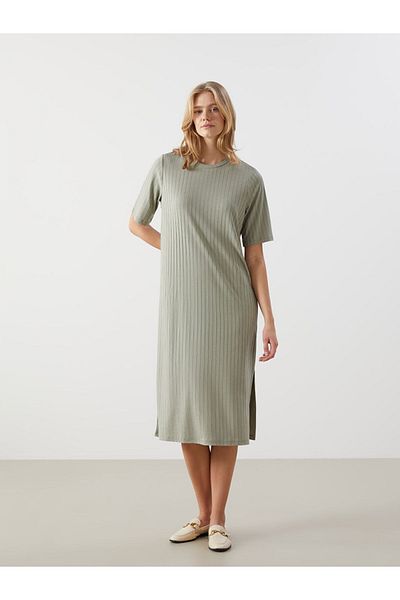 LC Waikiki Γυναικείο φόρεμα LCW Comfort Green Crew με υφή