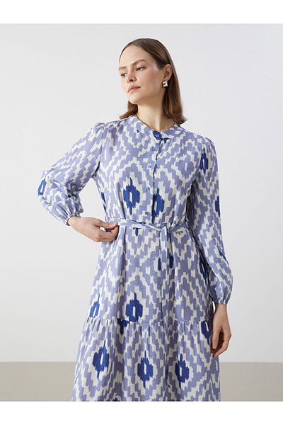 LC Waikiki LCW Modest Blau Richter Kragen Gemustert Damen Kleid