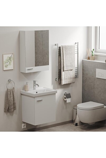 AQUA BAGNO Basic Alt dolap + Üst dolap -Lavabo dahil-Beyaz ,50 cm. 3 parça