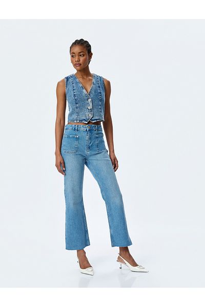 Koton Pantaloni din denim cu talie obișnuită cu nasturi evazați - Blugi Kick Flare