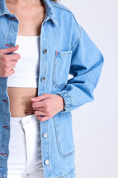 hanope Jachetă de damă albastră din denim cu 4 buzunare și detaliu roșu cu cusături