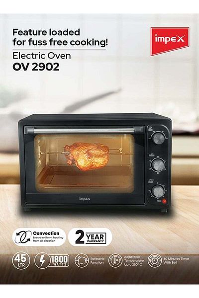 İMPEX Electric Oven 45 Ltr, 1800W, Rotisserie Function, 100-250°C, 60-Min Timer, 6 Heating Stages, Light