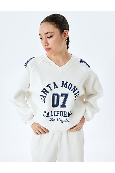 Koton College Printed Long Sleeve Oversize V-Neck Sweatshirt