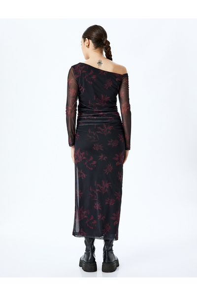 Koton Tek Omuz Uzun Kollu Asimetrik Desenli Tül Elbise