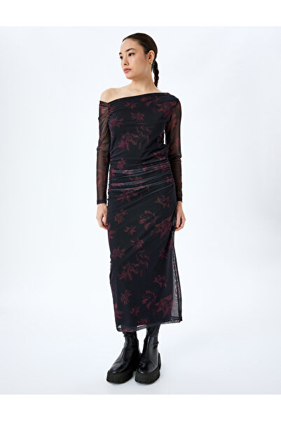 Koton Tek Omuz Uzun Kollu Asimetrik Desenli Tül Elbise