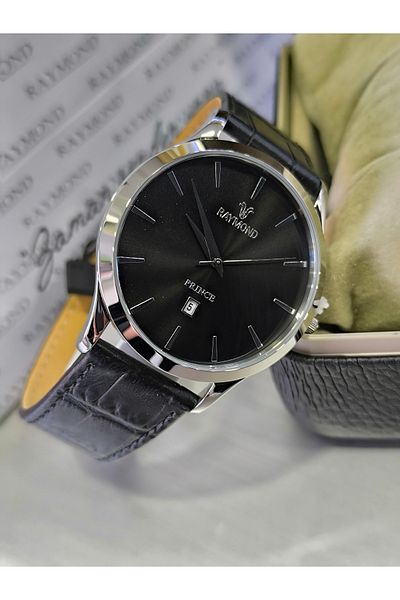 Raymond Black/Silver Leather Men's Wrist Watch