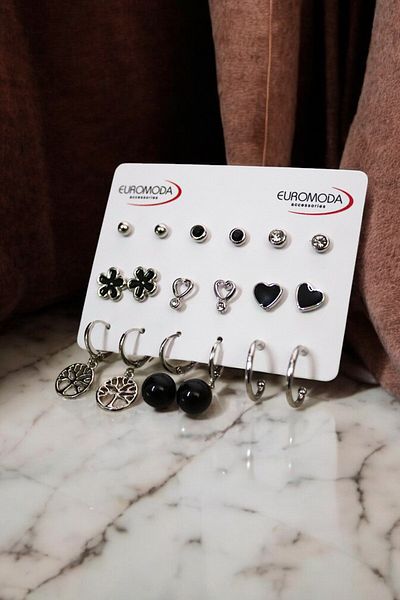 EUROMODA Set of 9 Pearl Solitaire and Dangle Heart Flower Tree of Life - Ring and Ball Earrings