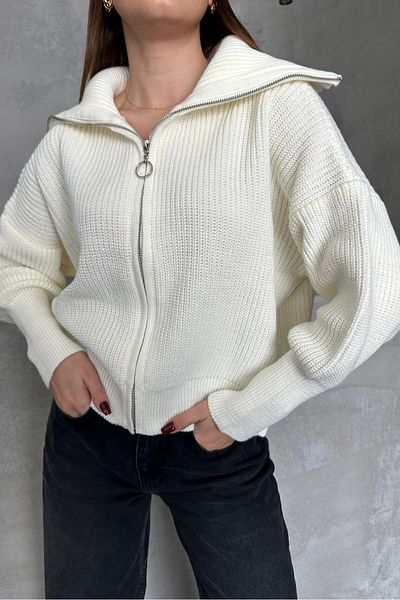 macharel jeans Πλεκτή ζακέτα με φερμουάρ εκρού με γυριστό γιακά