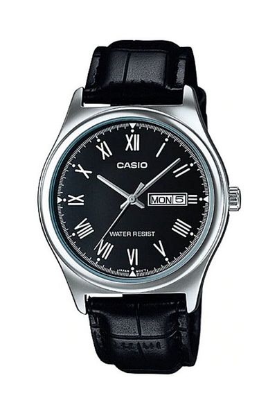 Casio ساعة يد رجالية باللون الأسود مع سلك فضي
