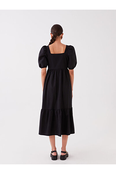 LC Waikiki Black Square Neck Straight Balloon Sleeve Dress