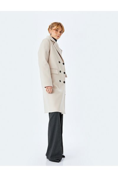 Koton Long Double Breasted Cashmere Coat with Buttoned Flap Pocket Detail