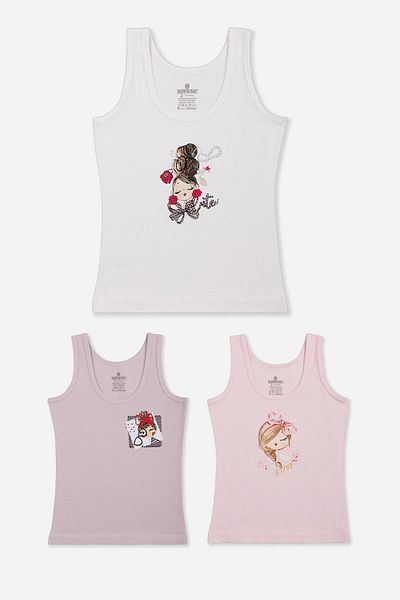 BAYKAR Colorful Printed Undershirt with Cotton Thick Straps for Girl - Pack of 3 4394