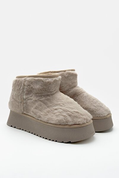 Shoebutik Browny Bej Peluş Kışlık Taban Kadın Bot