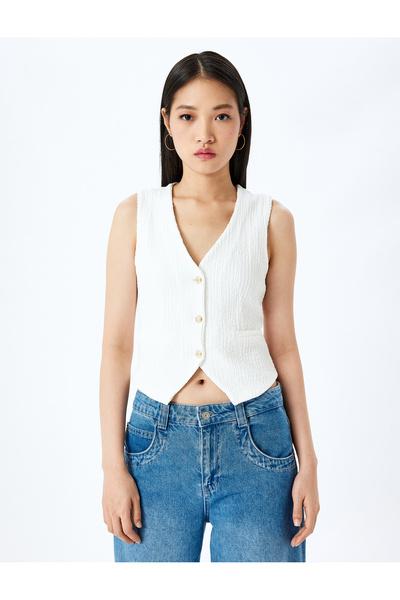 Koton Button Detailed Sleeveless V-Neck Slim Fit Vest