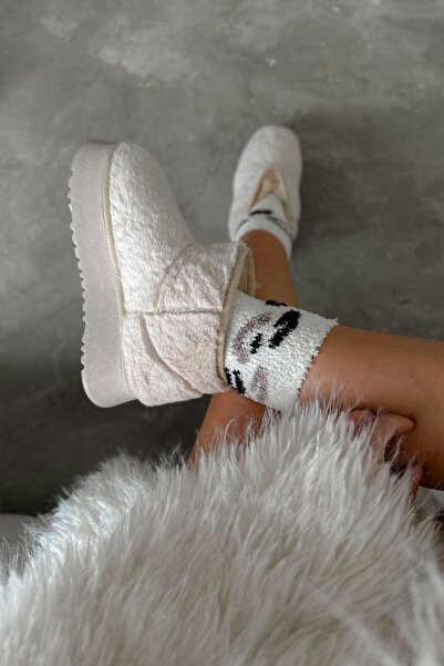 Shoebutik Browny Bej Peluş Kışlık Taban Kadın Bot