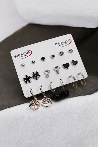 EUROMODA Set of 9 Pearl Solitaire and Dangle Heart Flower Tree of Life - Ring and Ball Earrings