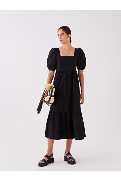 LC Waikiki Black Square Neck Straight Balloon Sleeve Dress