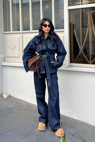 Seda Yalçın Atelier Dark Navy Waist Tie Denim Jacket Pants Set