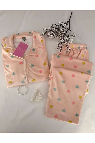 MH Moony Homewears Set de pijamale din catifea moale de iarnă cu inimă colorată