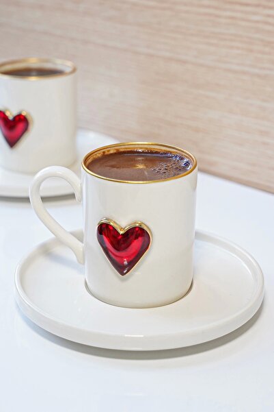 Ahinur Mutfak طقم أكواب بورسلين سعة 100 مل - قلبين، طقم مكون من 4 قطع