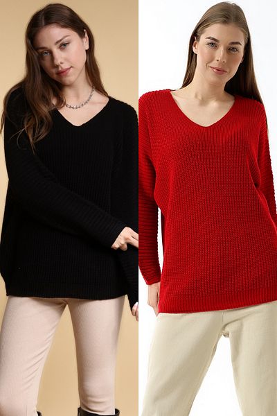 Devinka Women's 2-Pack Price Advantageous Oversize Loose V-Neck Knitwear Sweater