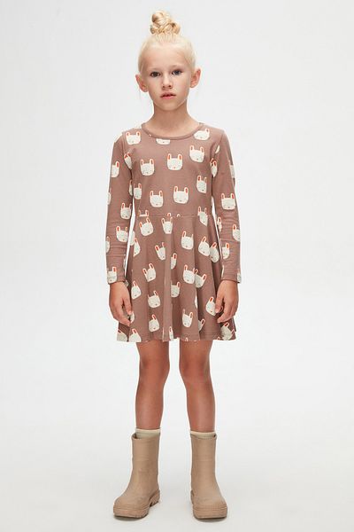 LOVETTI Girls Sleepy Bunny Pattern Long Sleeve Dress