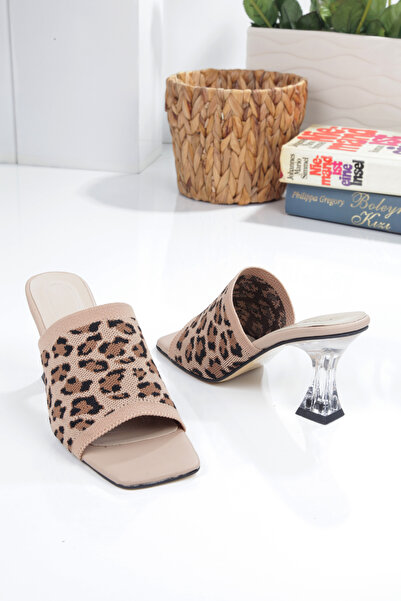 leopar by çetinay 35 Bej Leopar Desen Şık Kadın Şeffaf Topuk Ayakkabı