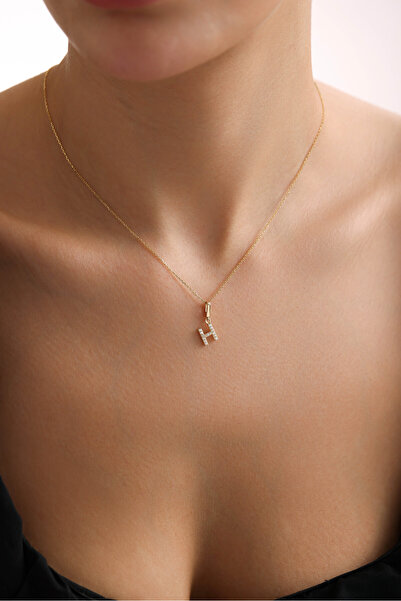 Gianfranco 14 Ayar Altın Taşlı H Harf Kilitli Charm Kolye