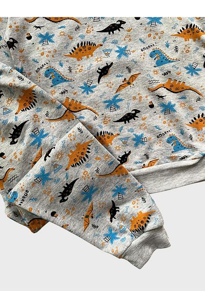ALİŞ KİDS Boy's Cotton Gray Dinosaur Patterned Long Sleeve Seasonal Pajamas Set