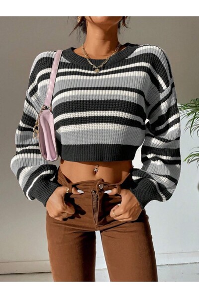 Dier Moda Ριγέ Θεσσαλονίκη Πλεκτό Oversize Crop Γυναικείο πουλόβερ