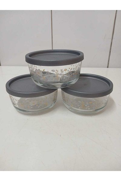 LAV Feyzade Round 3 Pieces Flower Patterned Anthracite Lid 800Cc Storage Container