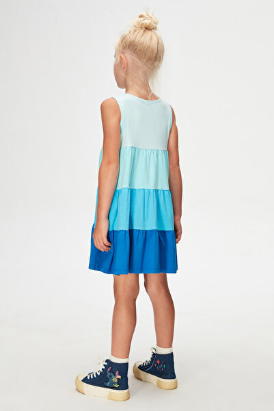 LOVETTI Soft Turquoise-Sax Girl's Colorful Layered Gathered Strap Dress