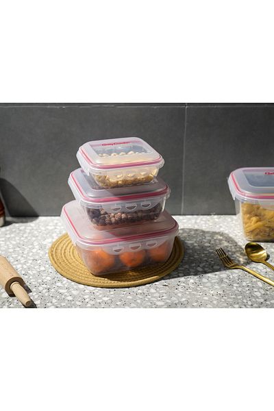 BETTY CROCKER Square Food Container Set Of 3 Pieces 650/1500/2800Ml Transparent and Red