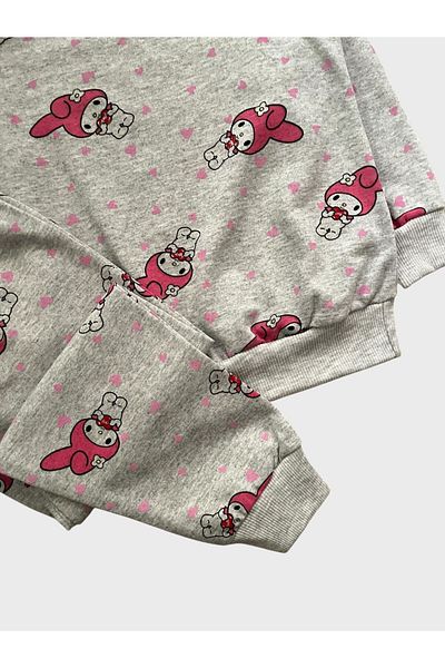 ALİŞ KİDS Girls' Cotton Gray Pink My Melody Character Patterned Long Sleeve Seasonal Pajamas Set