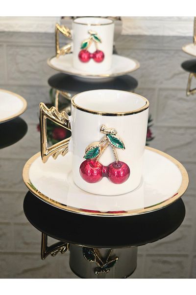 atabey home collection طقم أكواب من البورسلين المطلي بالذهب المطلي بالكرز مكون من 6 أشخاص - موديل Tutku