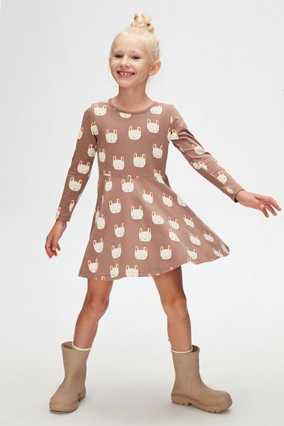LOVETTI Girls Sleepy Bunny Pattern Long Sleeve Dress