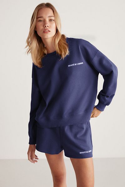 GRIMELANGE CARROL Damen-Shorts mit Stickerei, bestickt, elastische Taille, 3 Fäden, Bio-Baumwolle, entspannt, marineblau