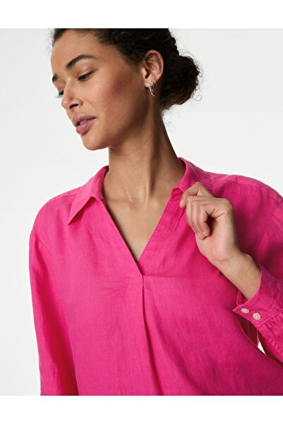 Marks & Spencer Uzun Kollu Keten Popover Bluz