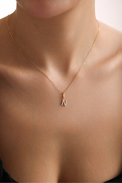 Giza Jewelry 14 Ayar Altın Taşlı N Harf Kilitli Charm Kolye Ucu