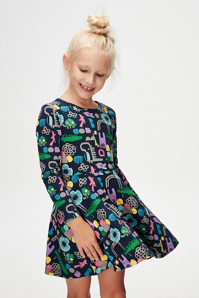 LOVETTI Girls Cutouts Anima Pattern Long Sleeve Dress
