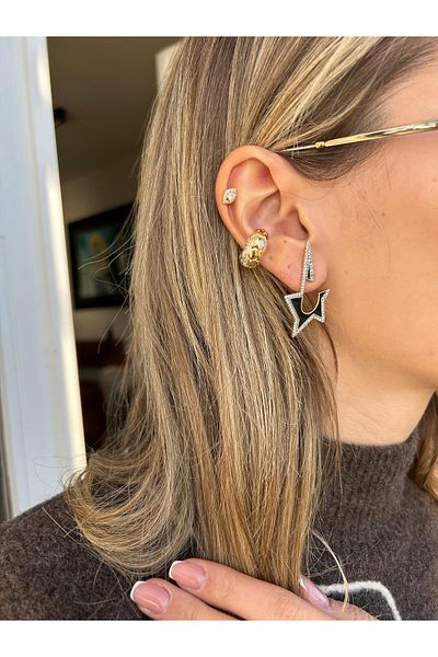 Jerie Gold Black Enameled Star Design Brand Model Earrings