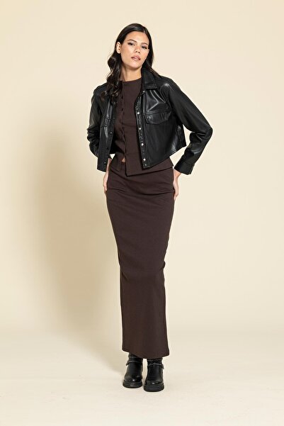 FOR YOU MODA Buttoned Brown Blouse Skirt Set